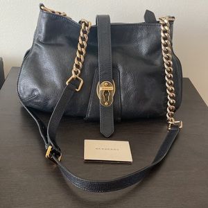 Authentic Burberry Chain-Strap Black Leather Crossbody Bag
